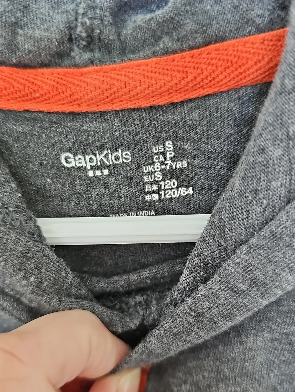 GAP Charcoal Grey Hoodie Tee w/ Orange Logo & Layered Light Gray Sleeves Sz S 6